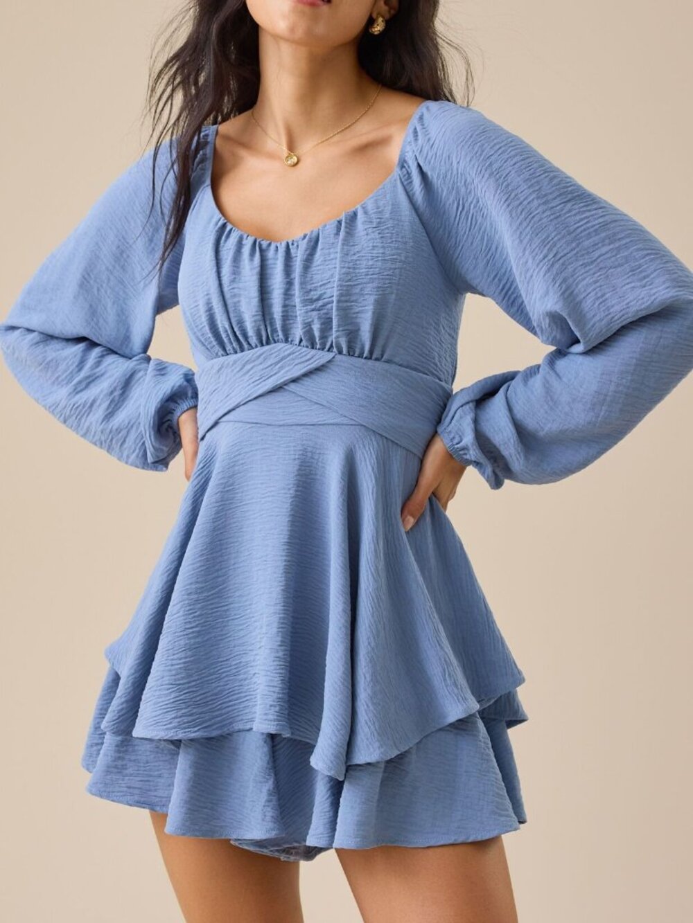 Altar’d State Dusty Blue Tie Back Romper Dress Small